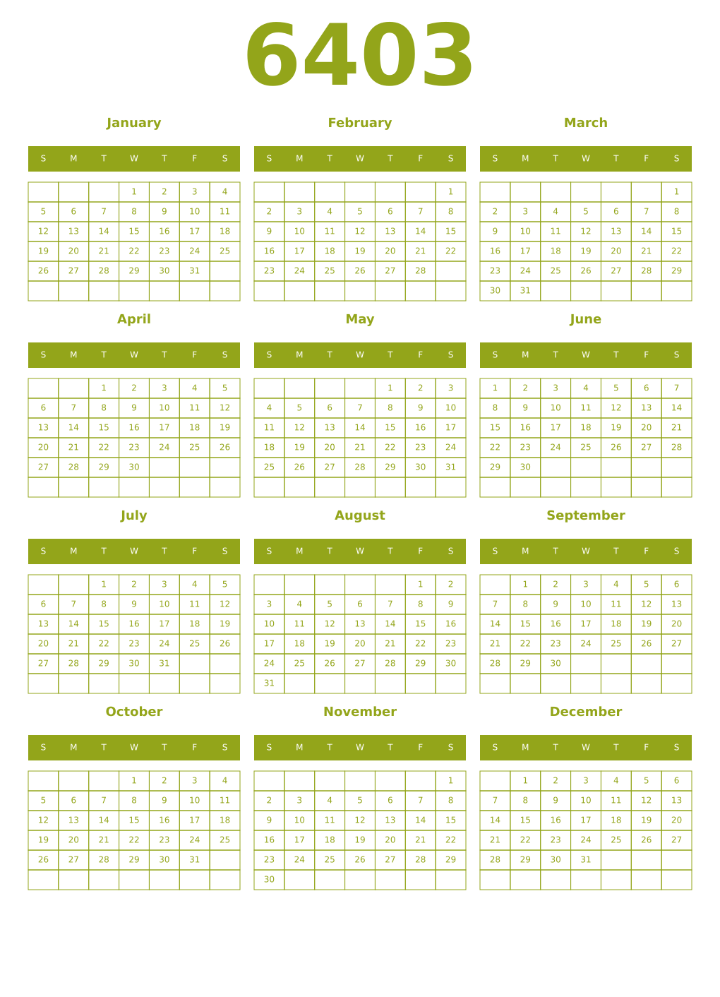 Printable 6403 Year Calendars chartreuse