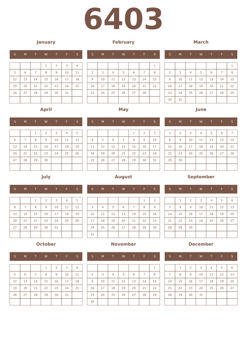 Printable 6403 Year Calendars coffe