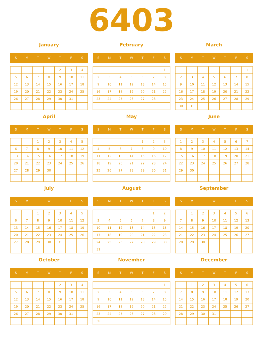 Printable 6403 Year Calendars gamboge