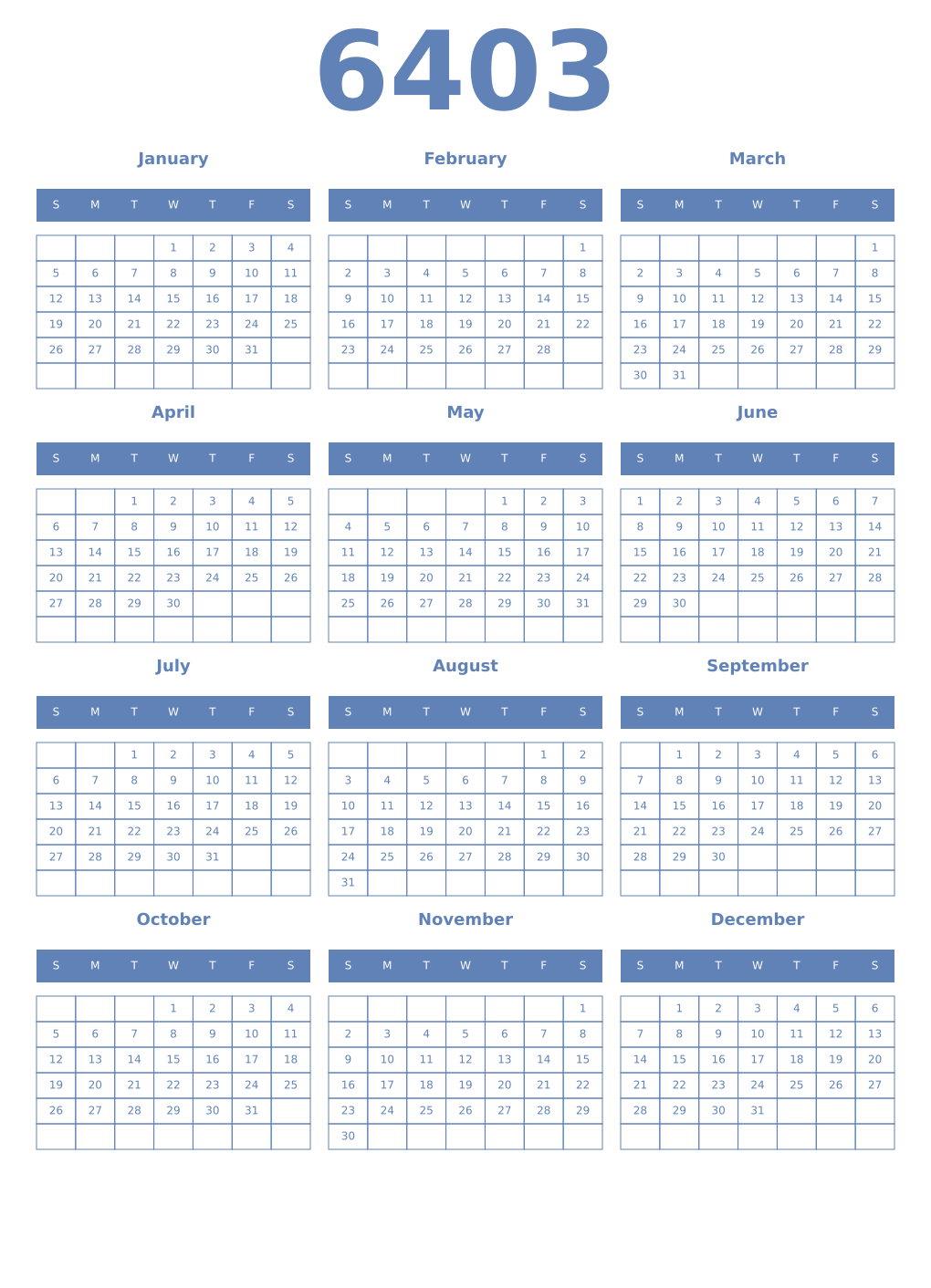 Printable 6403 Year Calendars glaucous