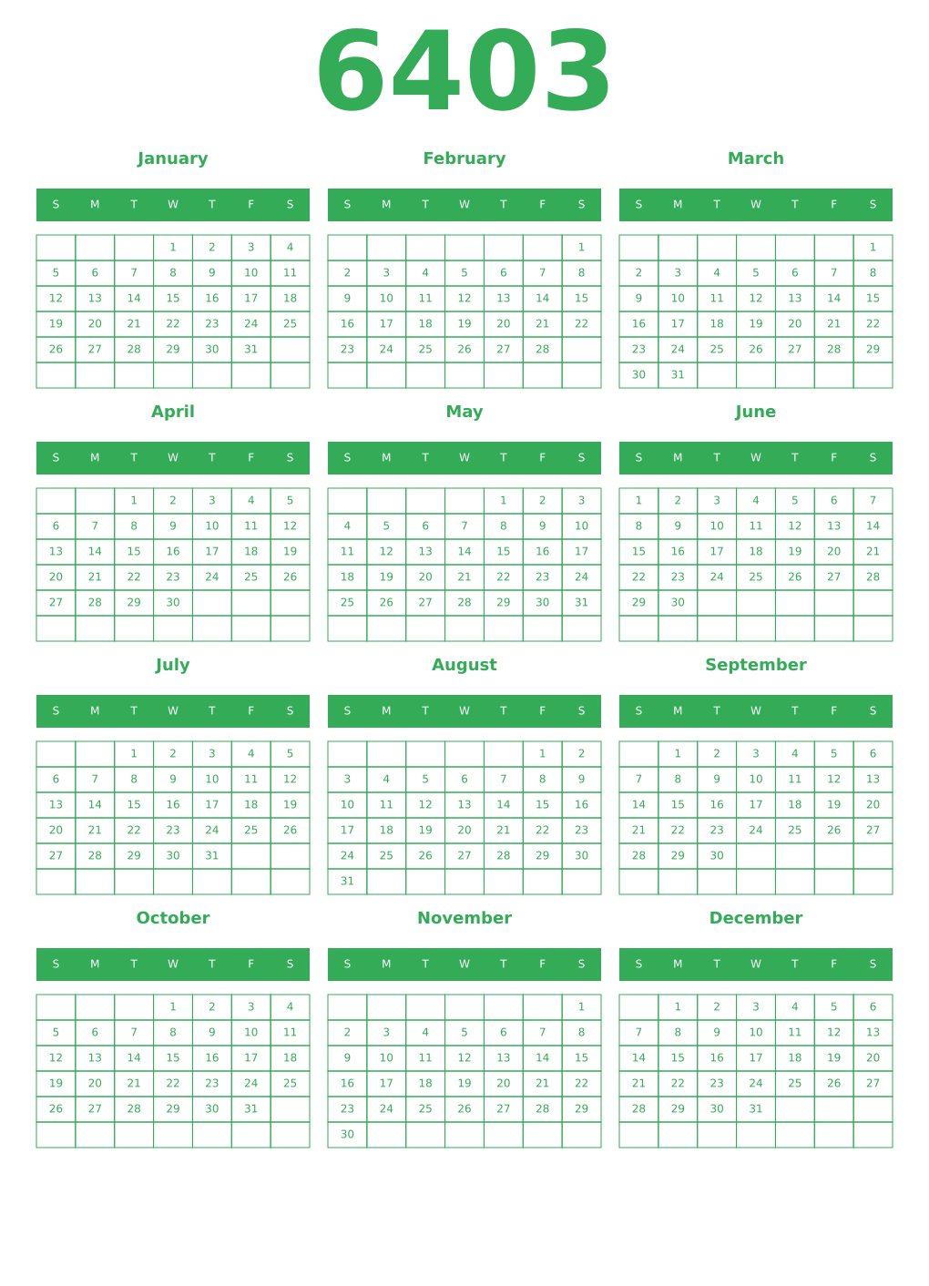 Printable 6403 Year Calendars green