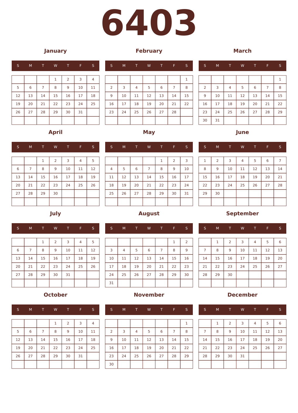 Printable 6403 Year Calendars mortuum
