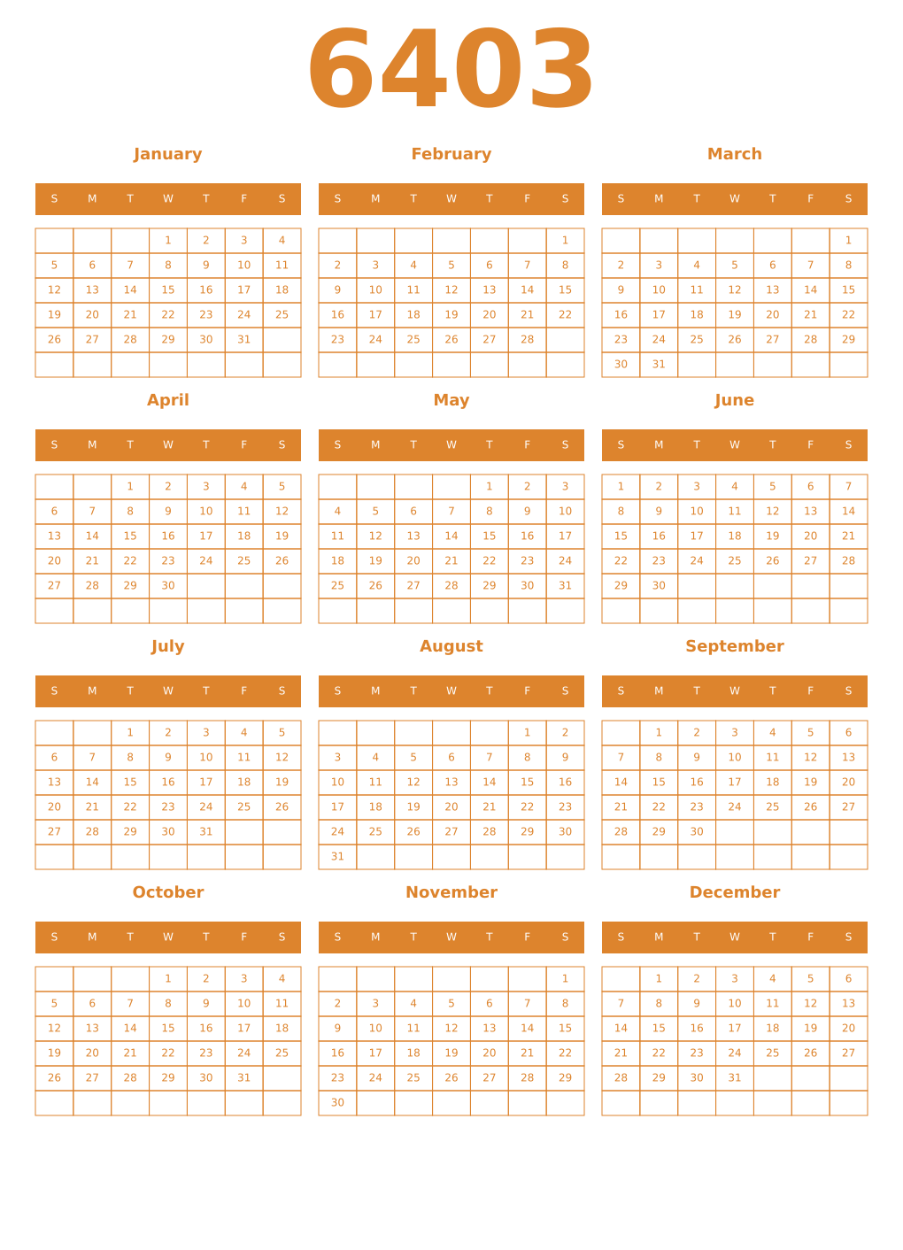 Printable 6403 Year Calendars orange