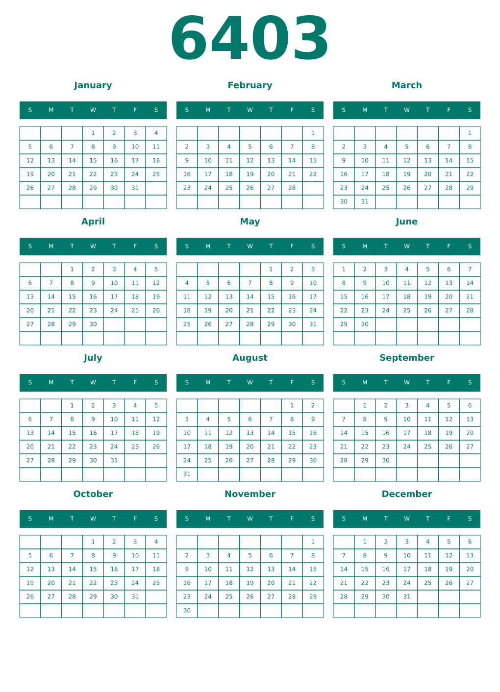 Printable 6403 Year Calendars pastel