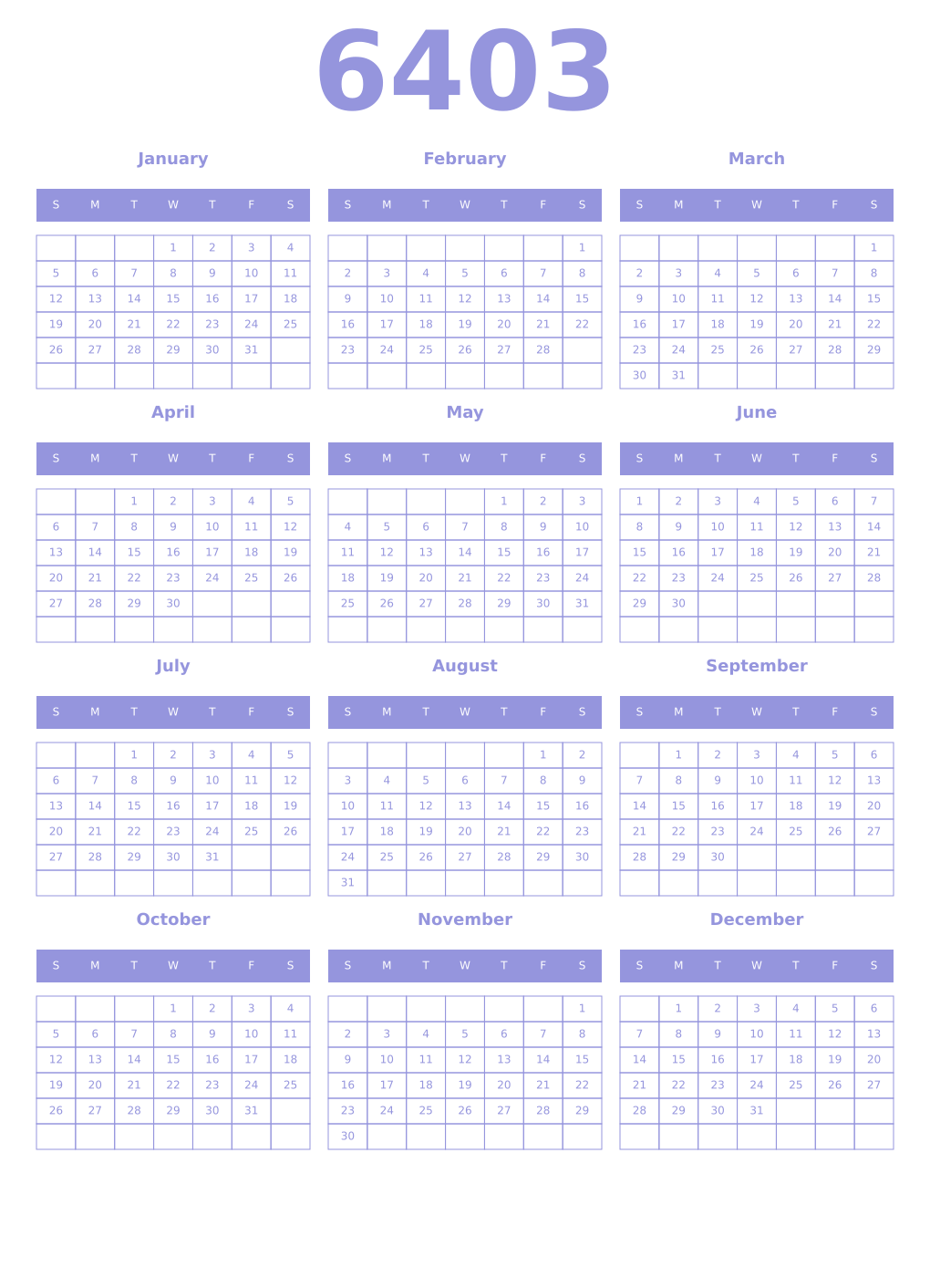 Printable 6403 Year Calendars periwinkle