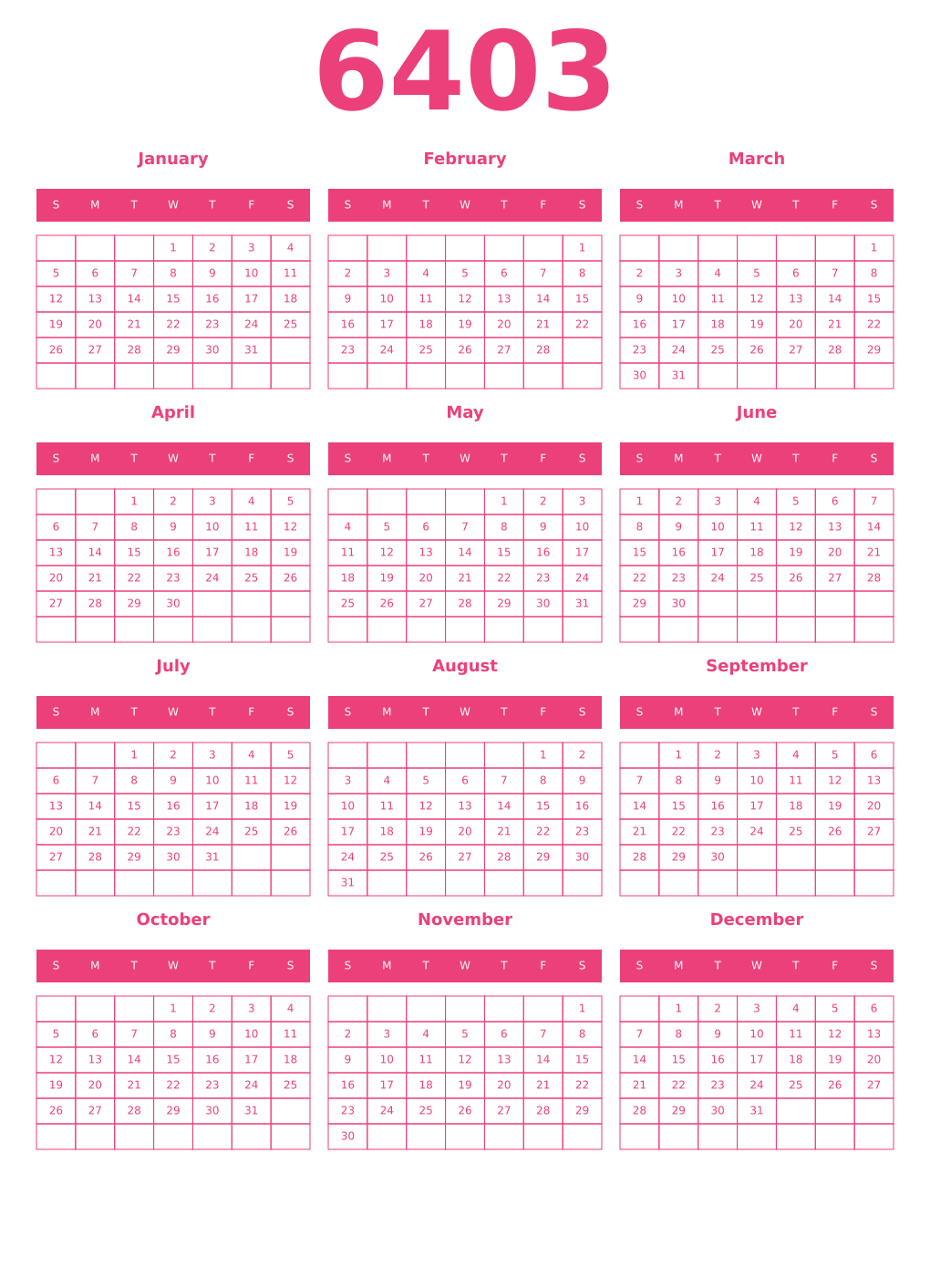 Printable 6403 Year Calendars pink