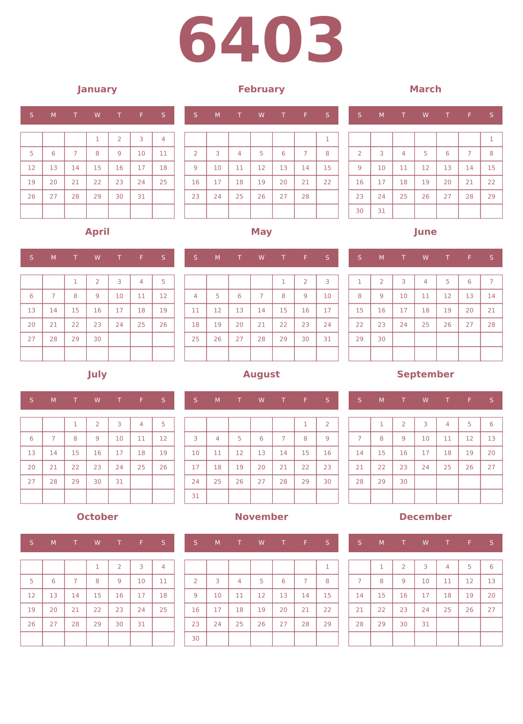 Printable 6403 Year Calendars puce