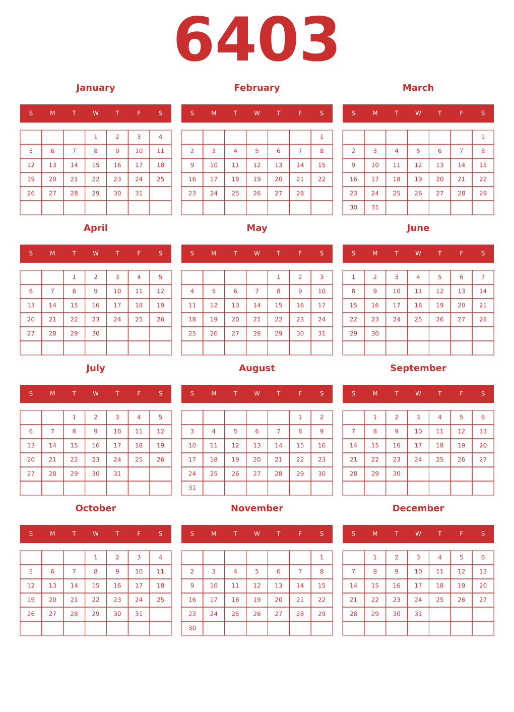 Printable 6403 Year Calendars red