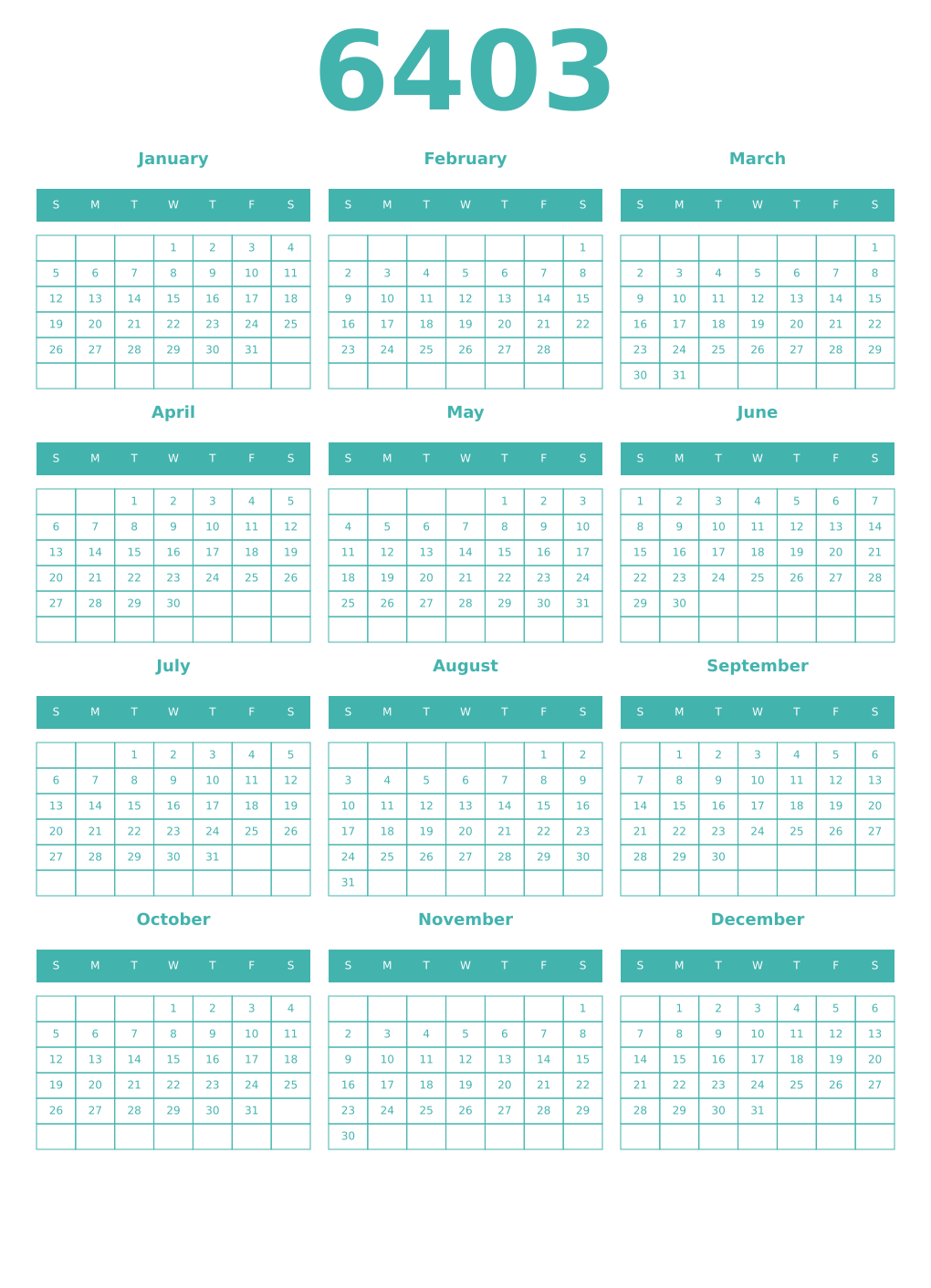 Printable 6403 Year Calendars verdigris