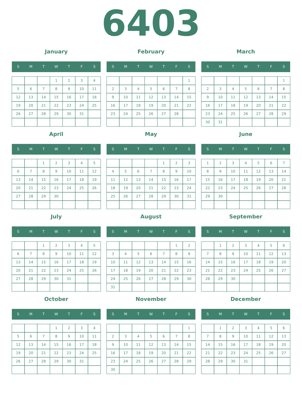 Printable 6403 Year Calendars viridian