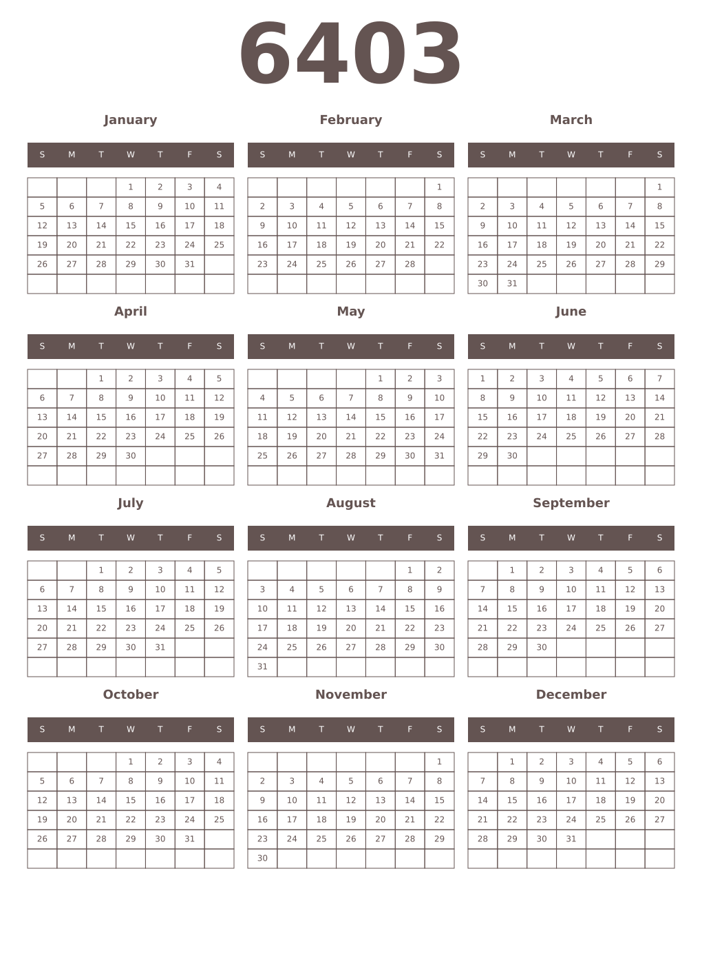Printable 6403 Year Calendars wenge