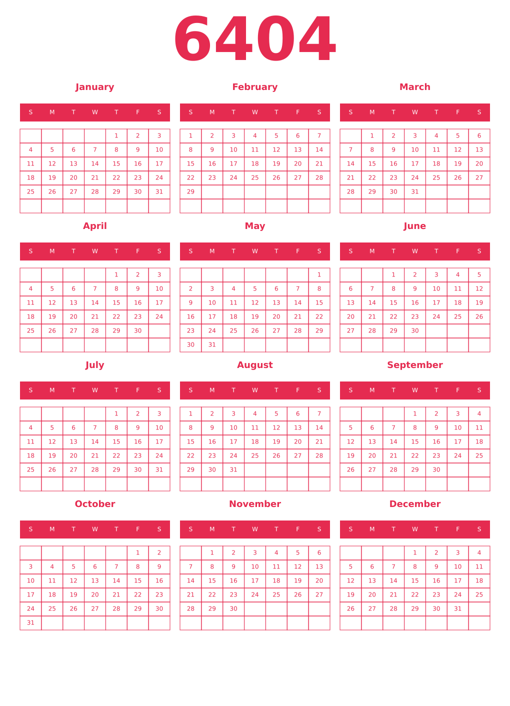 Printable 6404 Year Calendars amaranth