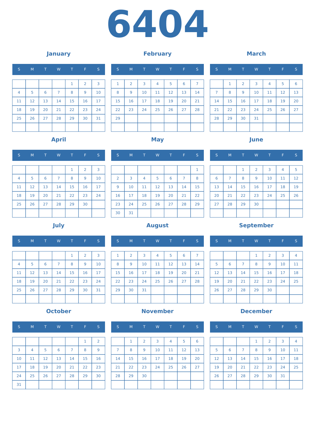 Printable 6404 Year Calendars blue