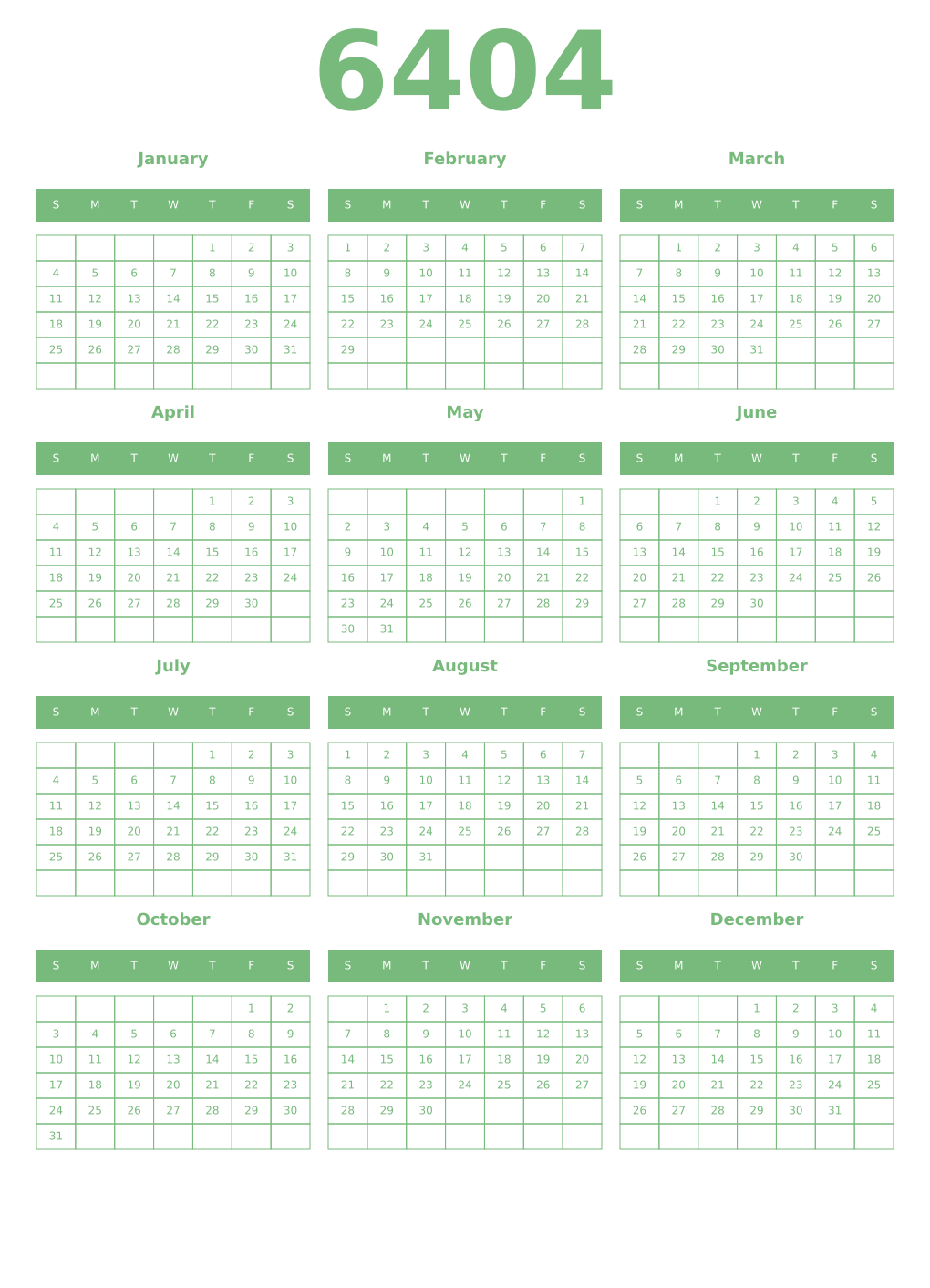 Printable 6404 Year Calendars celadon