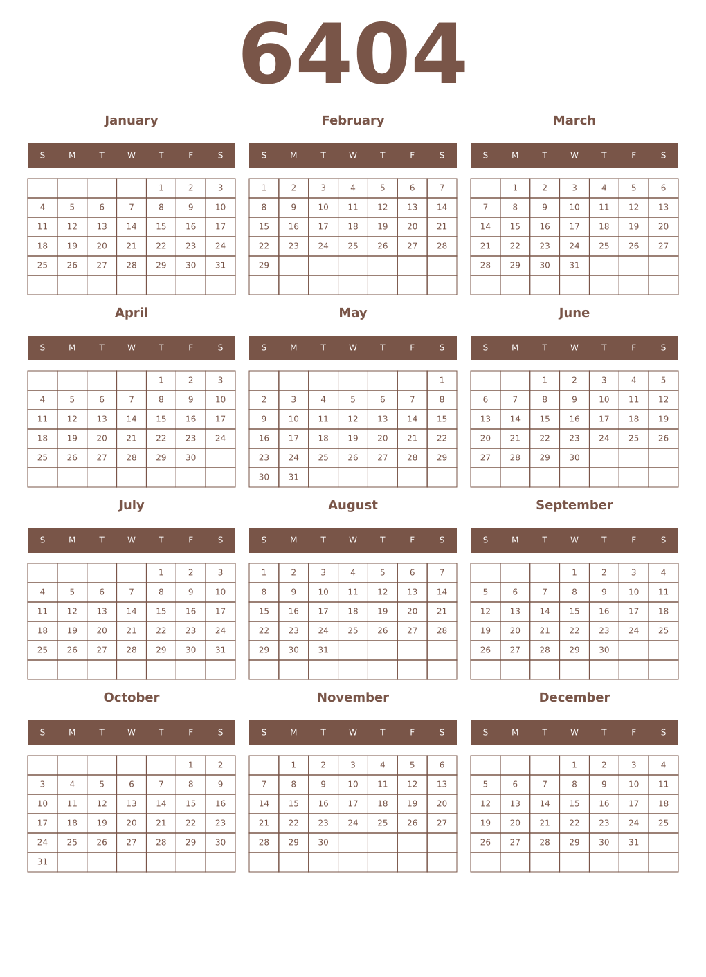 Printable 6404 Year Calendars coffe