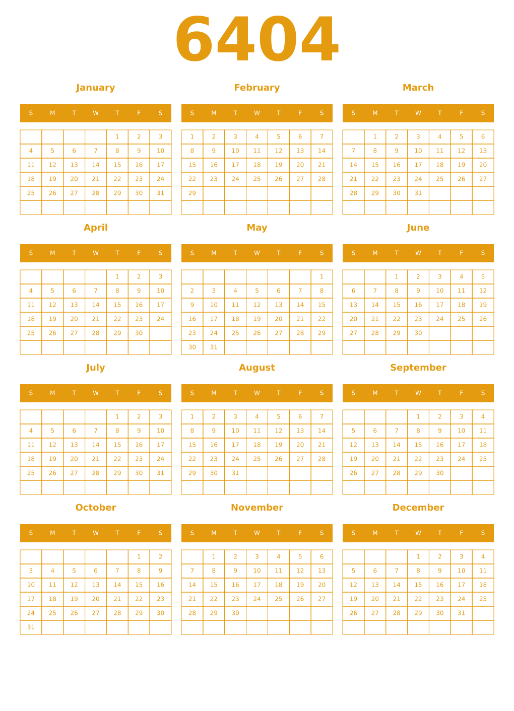 Printable 6404 Year Calendars gamboge