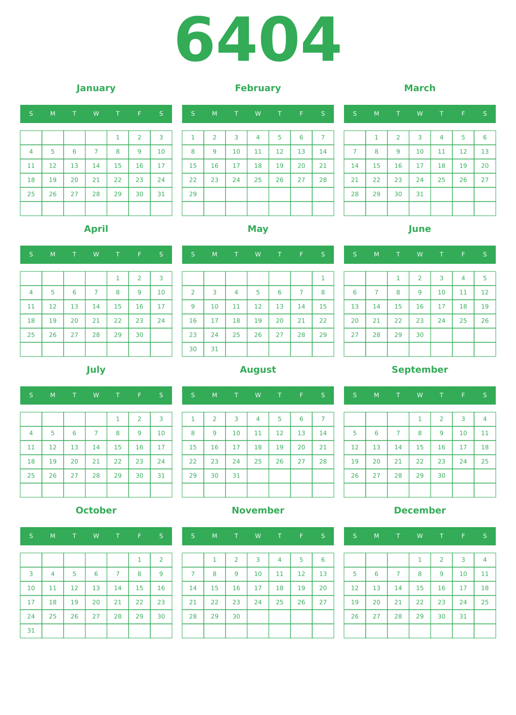 Printable 6404 Year Calendars green