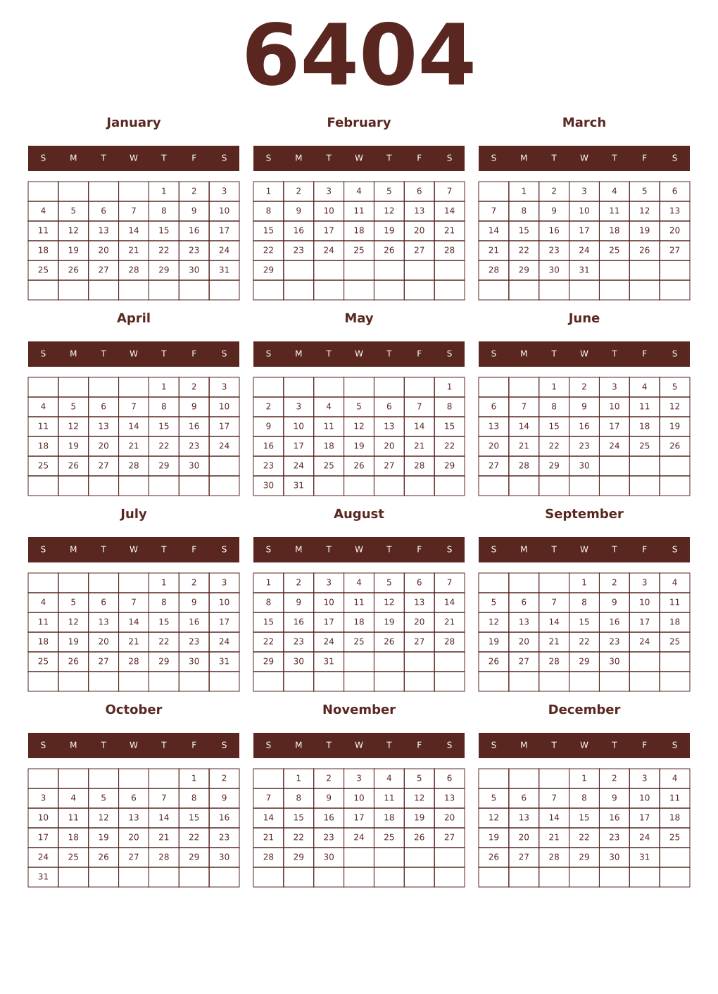 Printable 6404 Year Calendars mortuum