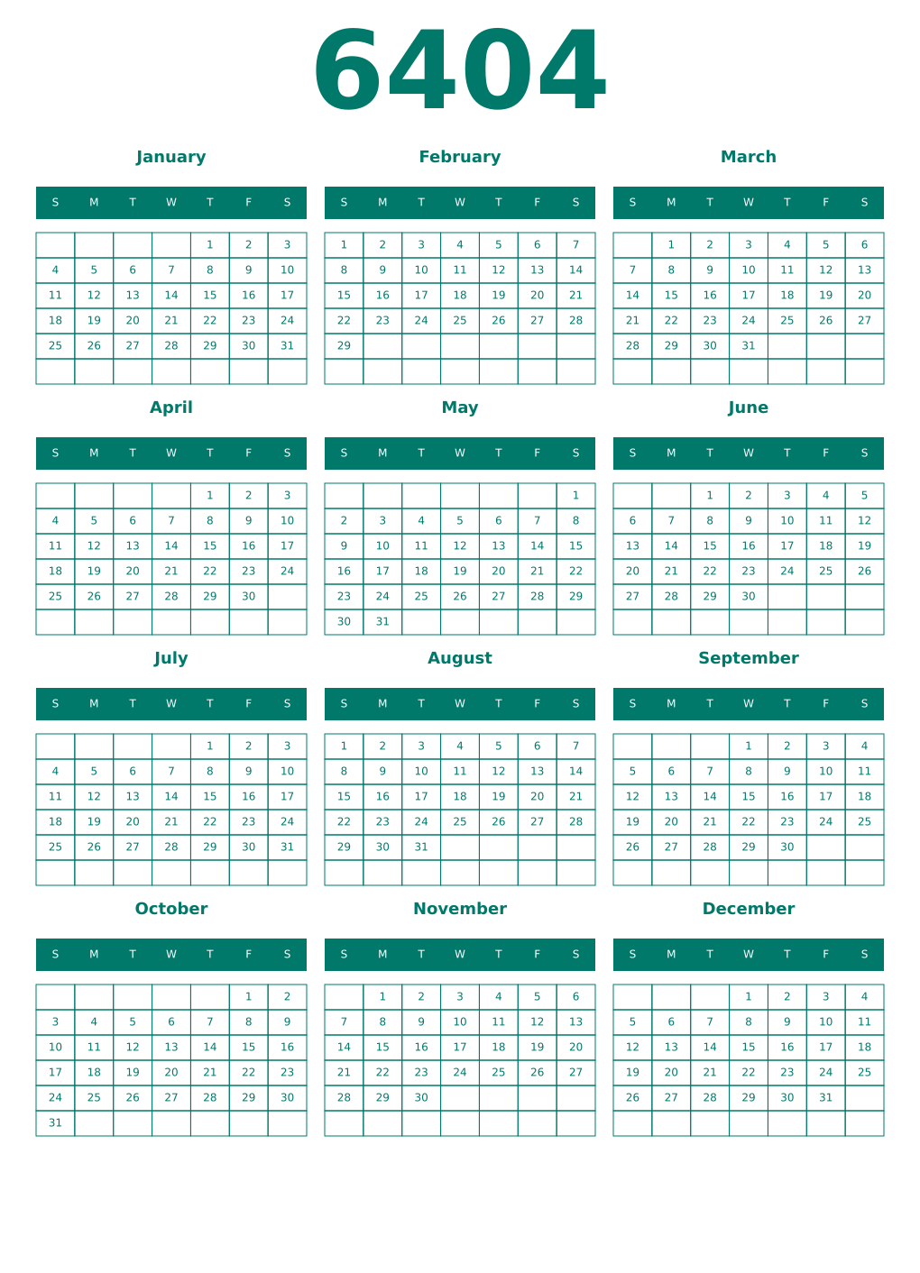 Printable 6404 Year Calendars pastel