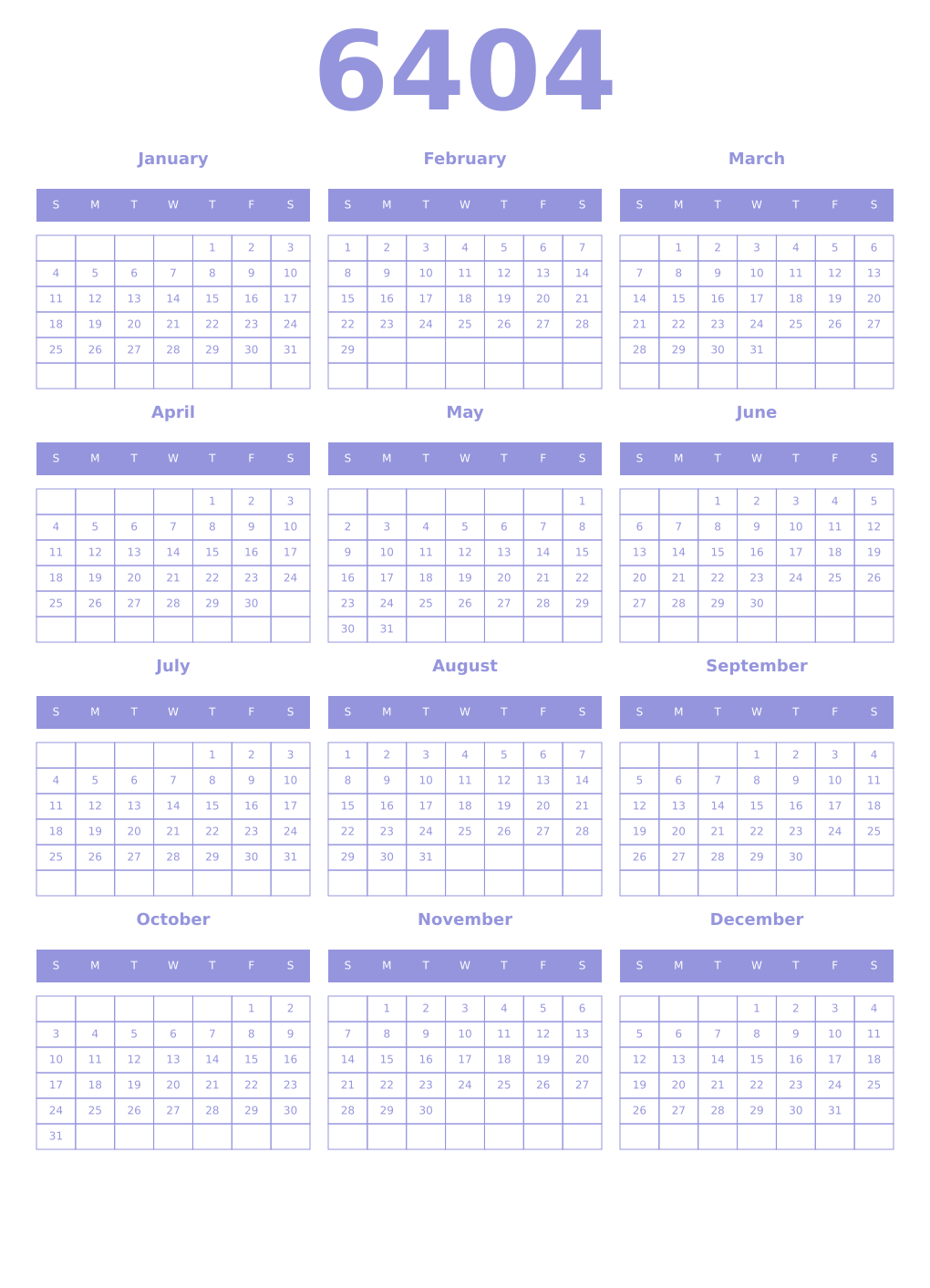 Printable 6404 Year Calendars periwinkle