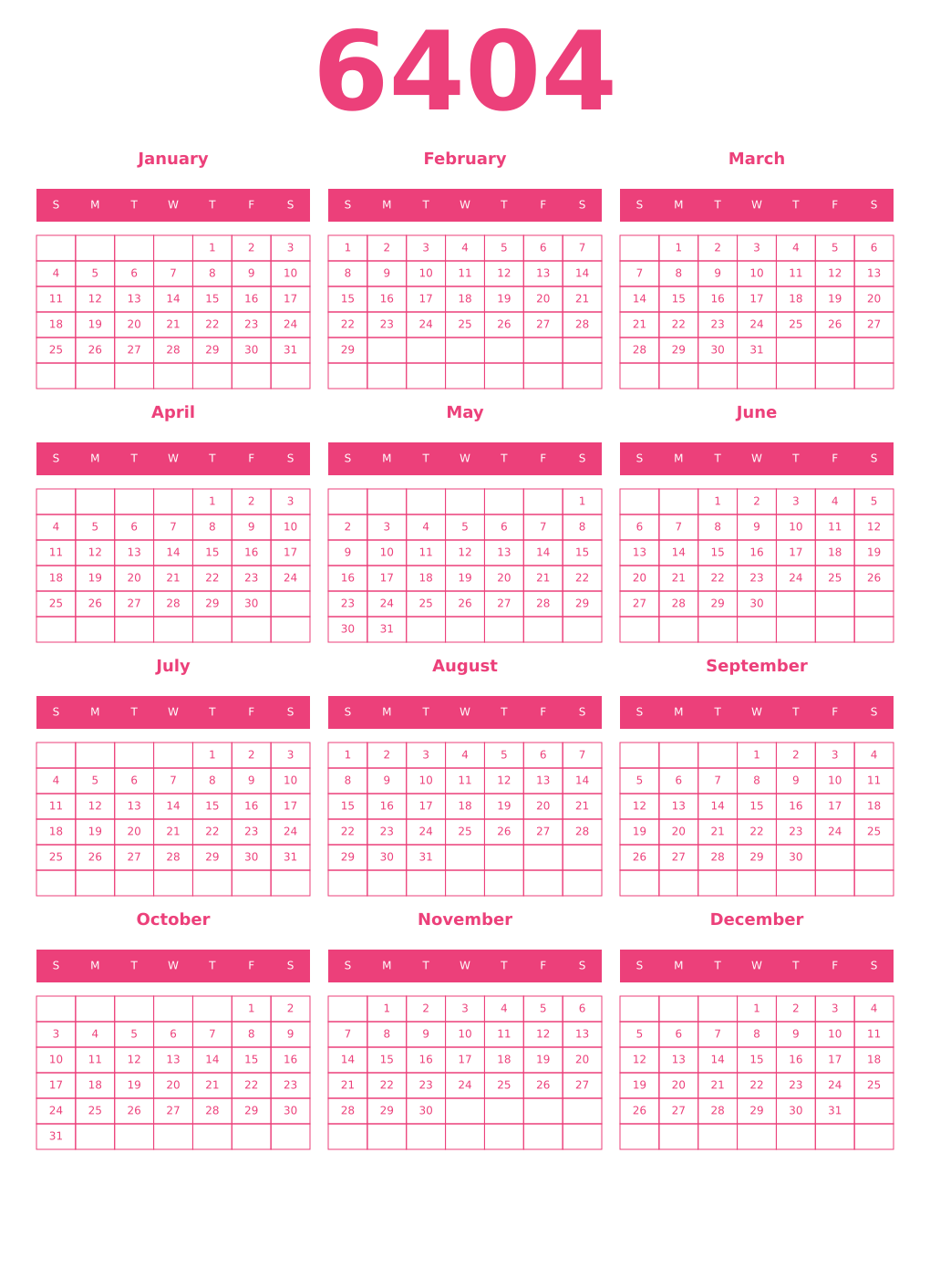 Printable 6404 Year Calendars pink