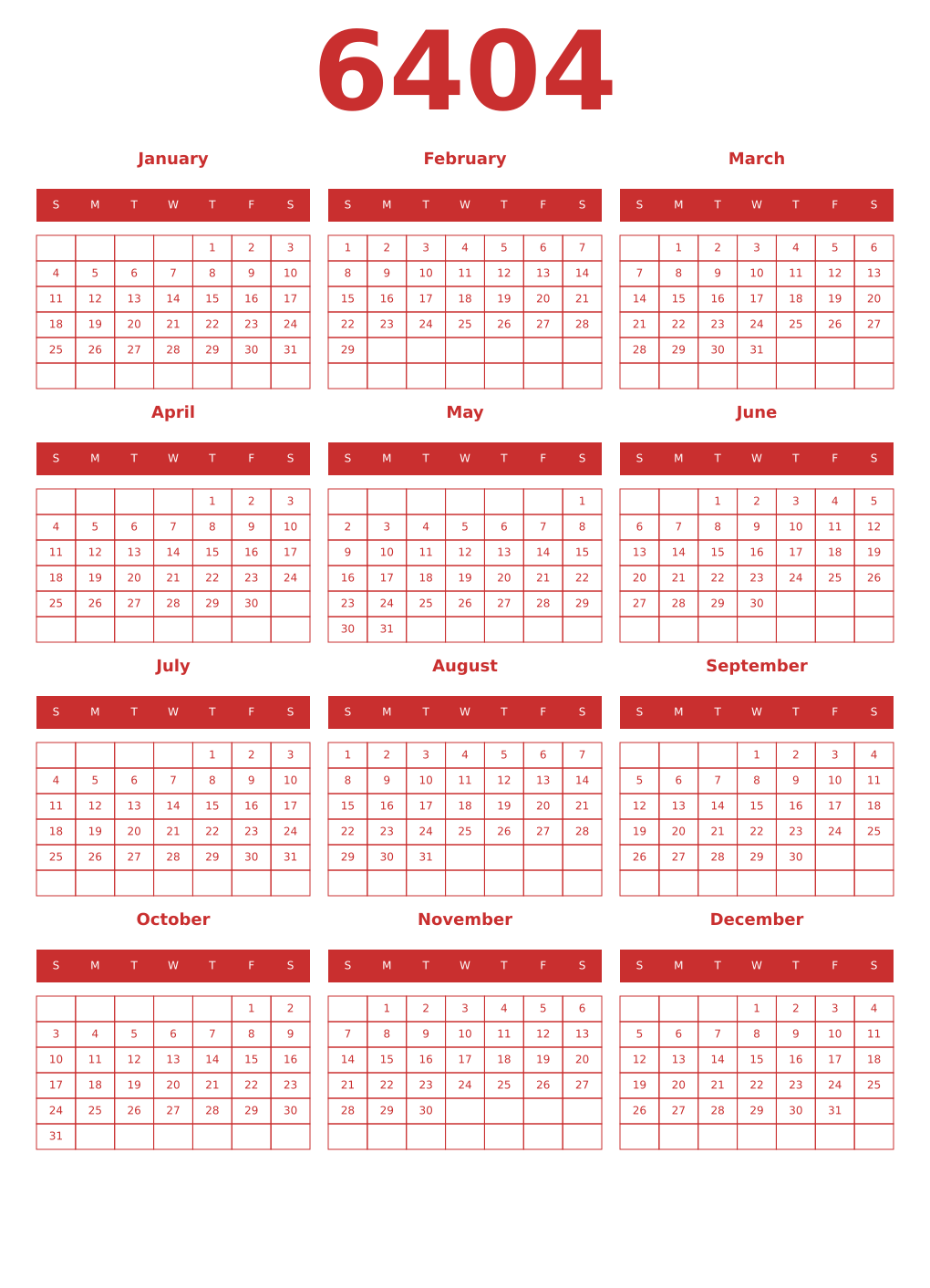 Printable 6404 Year Calendars red