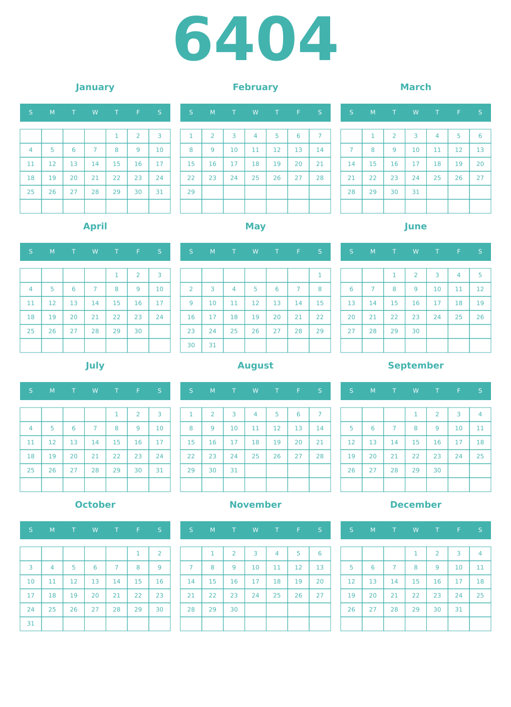 Printable 6404 Year Calendars verdigris