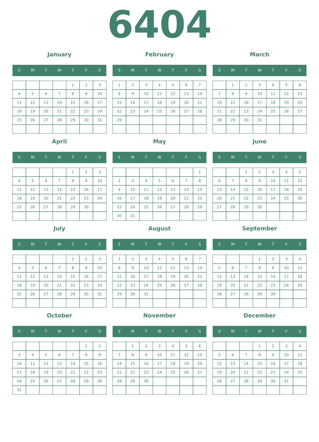 Printable 6404 Year Calendars viridian