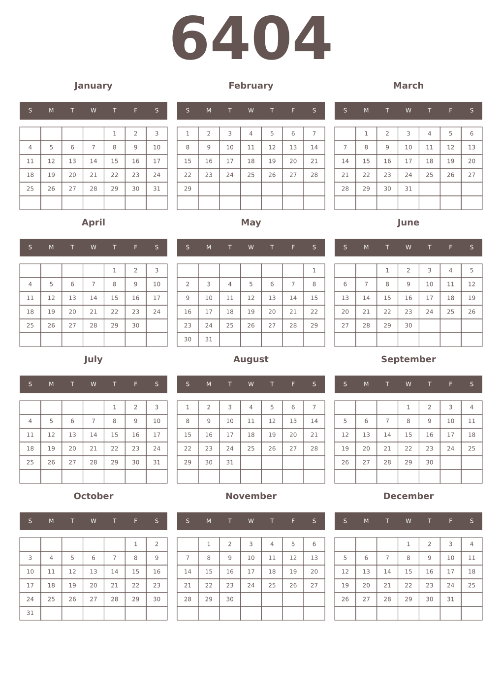 Printable 6404 Year Calendars wenge