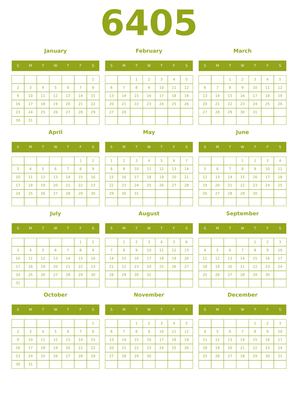 Printable 6405 Year Calendars chartreuse