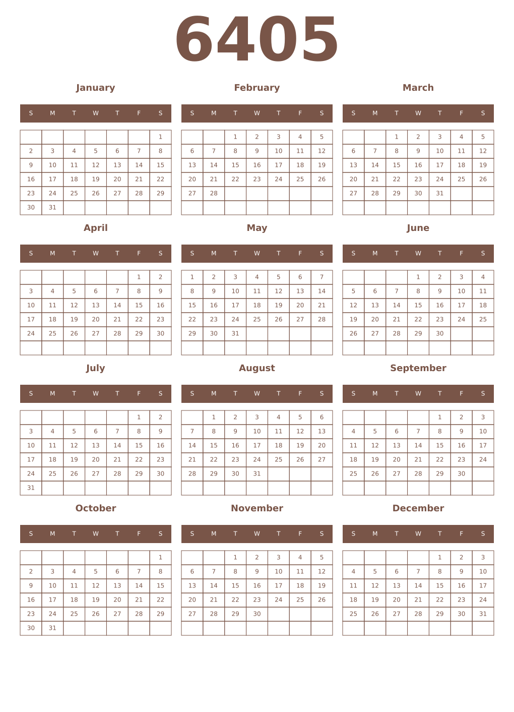 Printable 6405 Year Calendars coffe