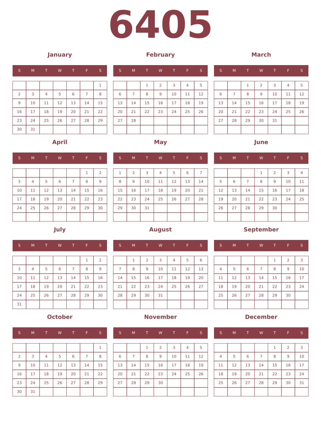 Printable 6405 Year Calendars cordovan