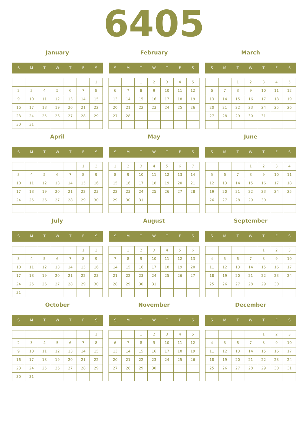 Printable 6405 Year Calendars eburnean