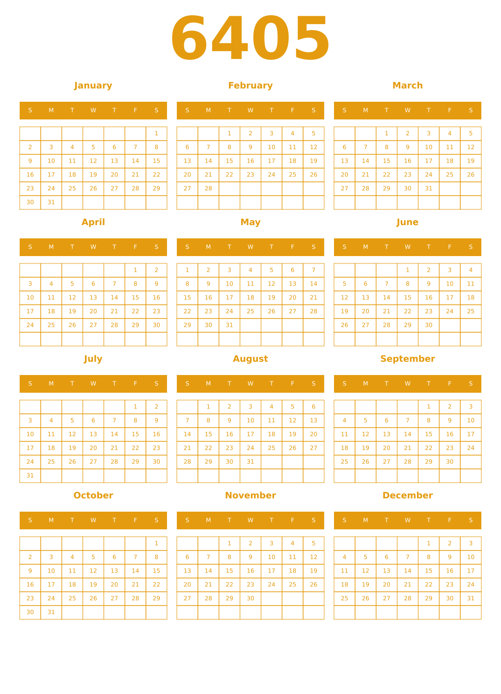 Printable 6405 Year Calendars gamboge