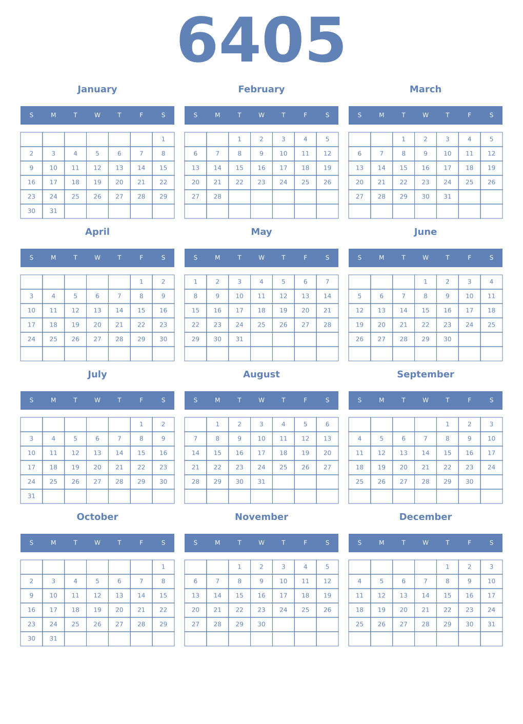 Printable 6405 Year Calendars glaucous