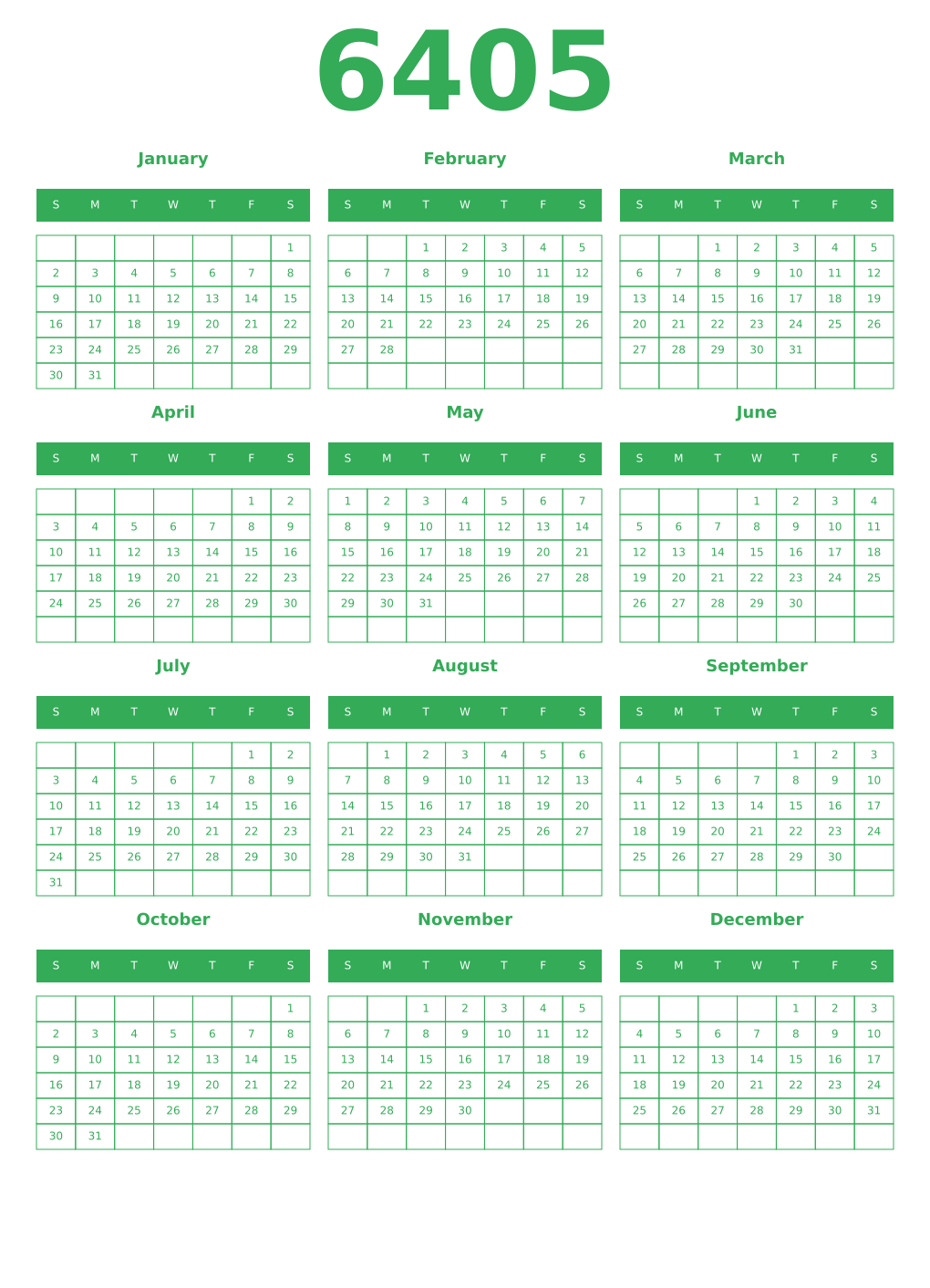 Printable 6405 Year Calendars green