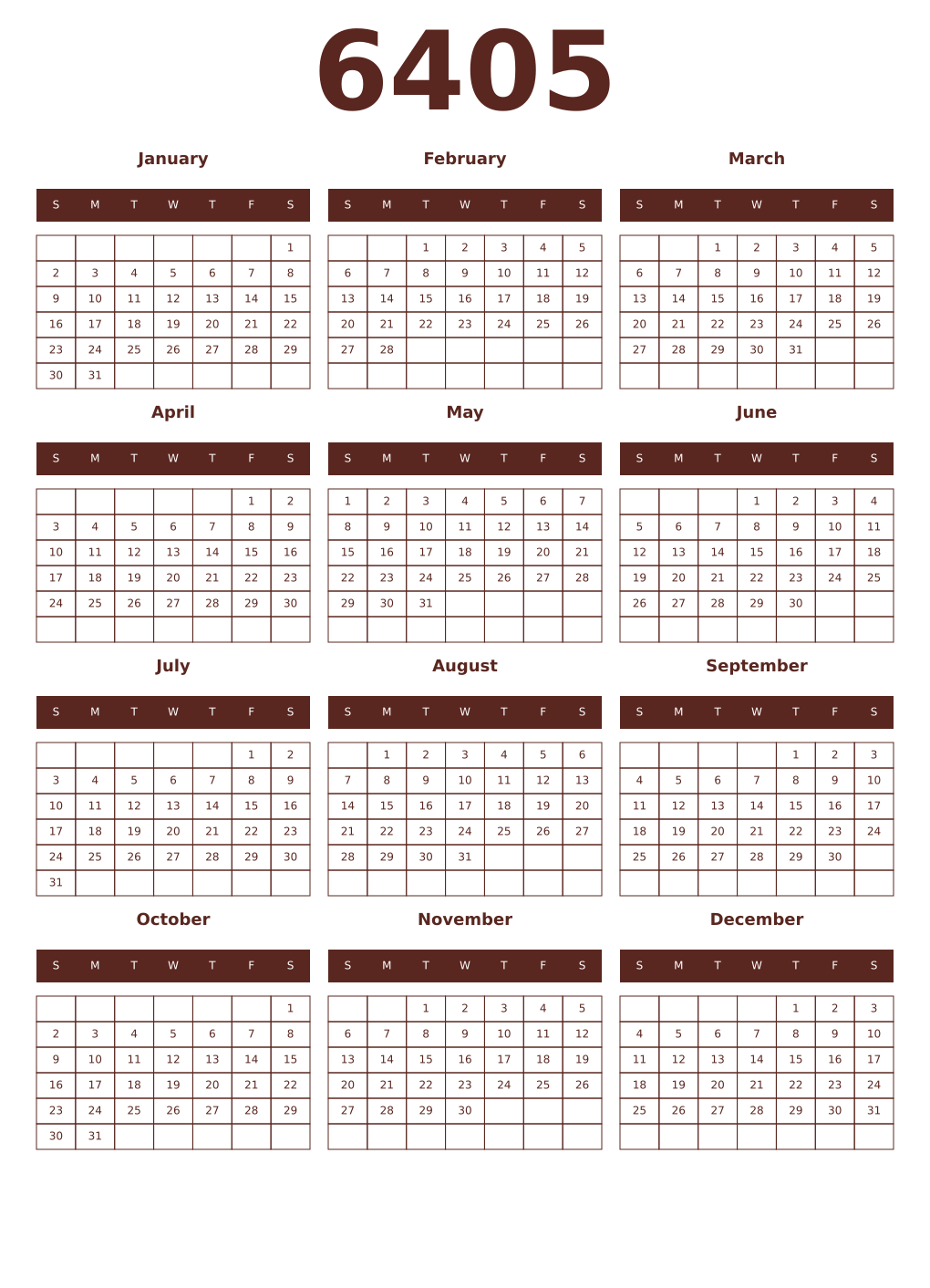 Printable 6405 Year Calendars mortuum