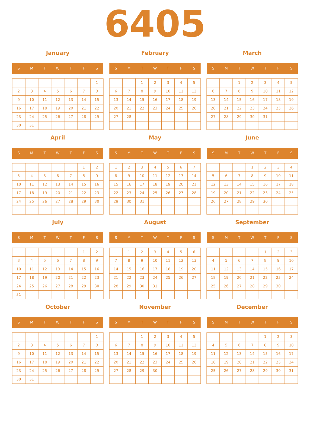 Printable 6405 Year Calendars orange