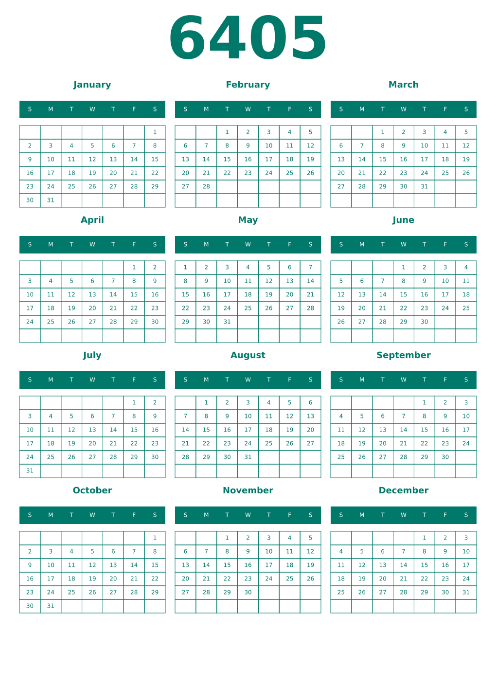 Printable 6405 Year Calendars pastel