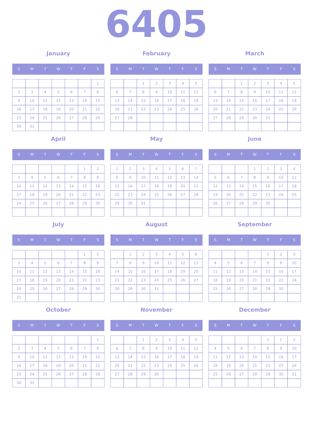 Printable 6405 Year Calendars periwinkle
