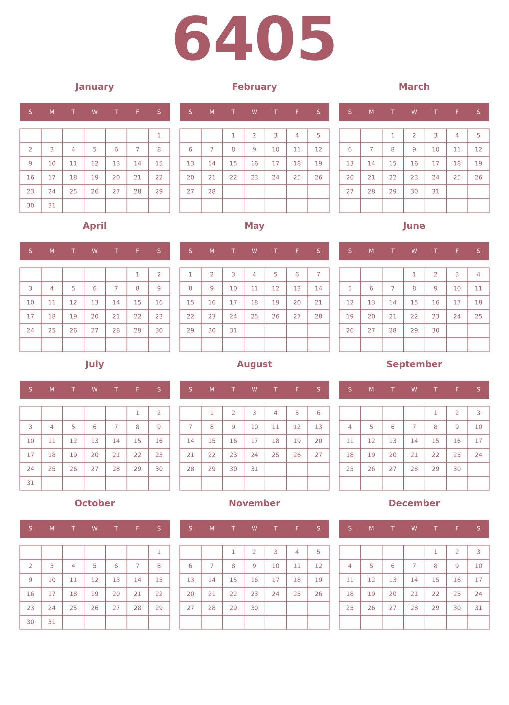 Printable 6405 Year Calendars puce