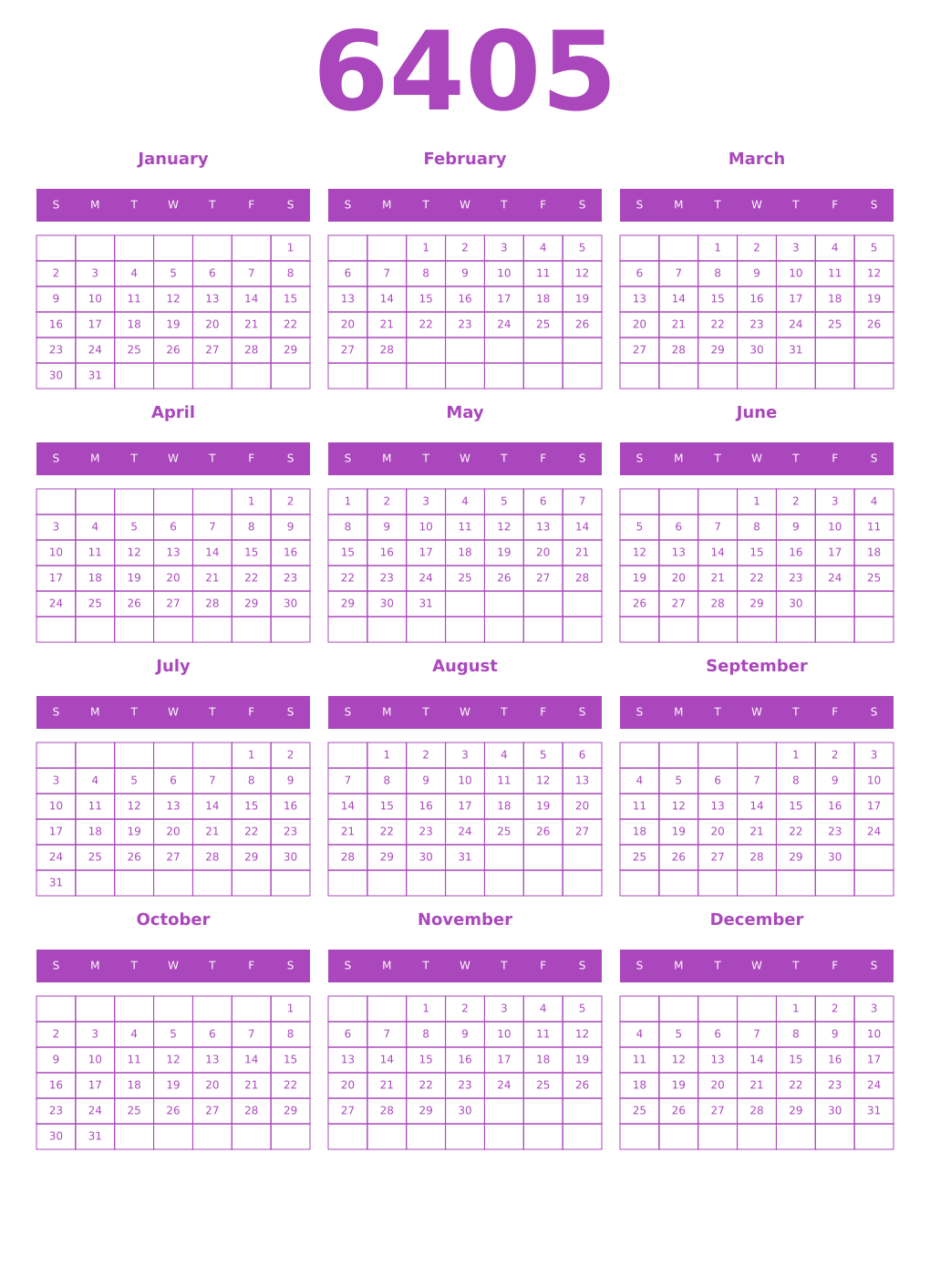 Printable 6405 Year Calendars purple