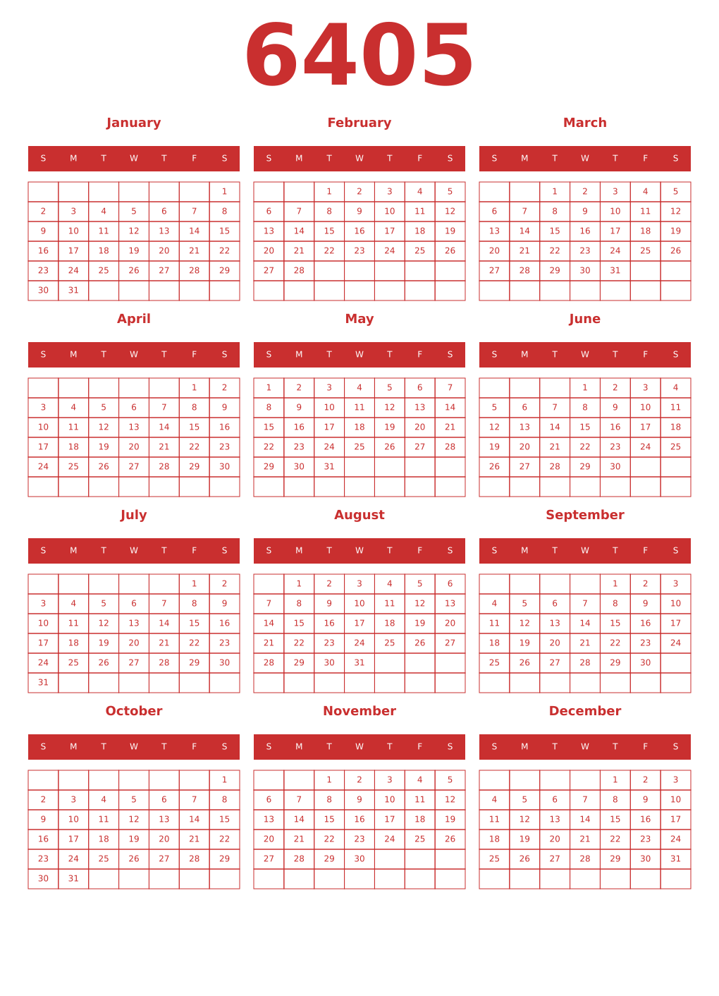 Printable 6405 Year Calendars red
