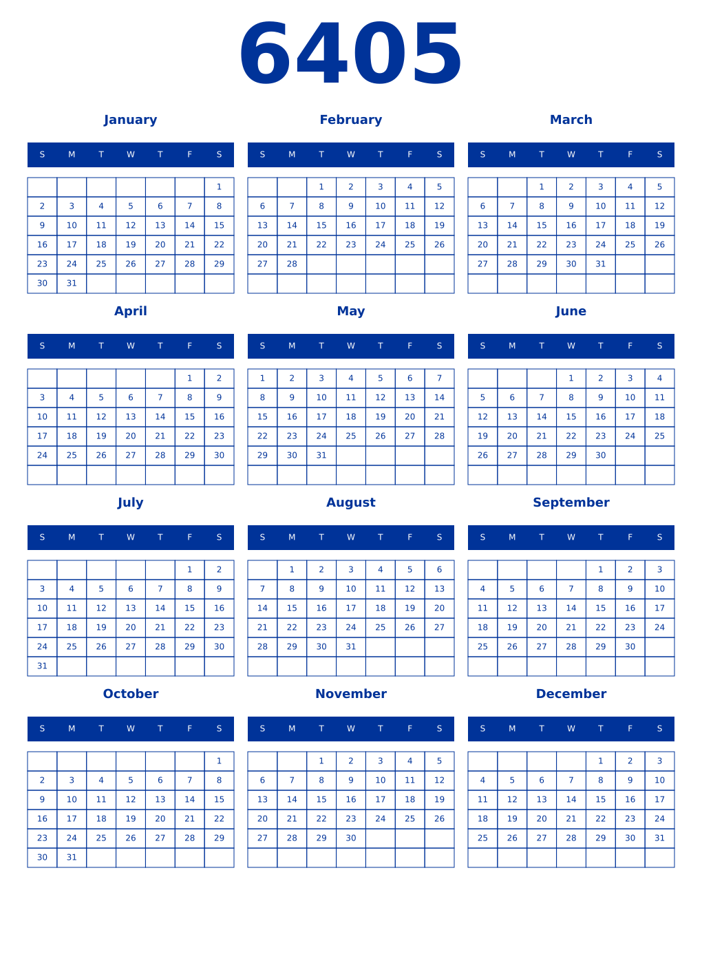 Printable 6405 Year Calendars smalt
