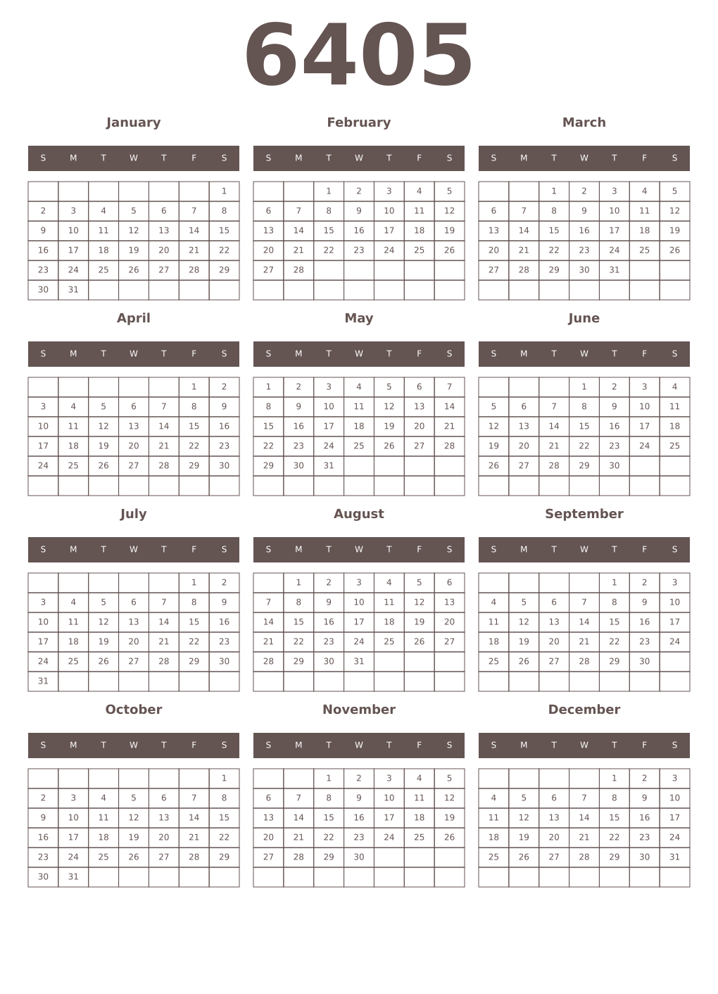 Printable 6405 Year Calendars wenge
