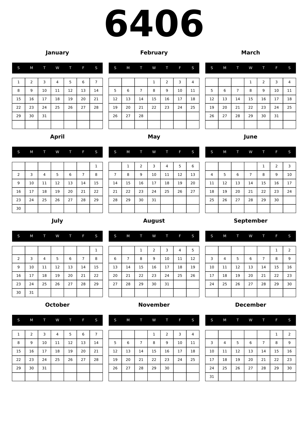 Printable 6406 Year Calendars black