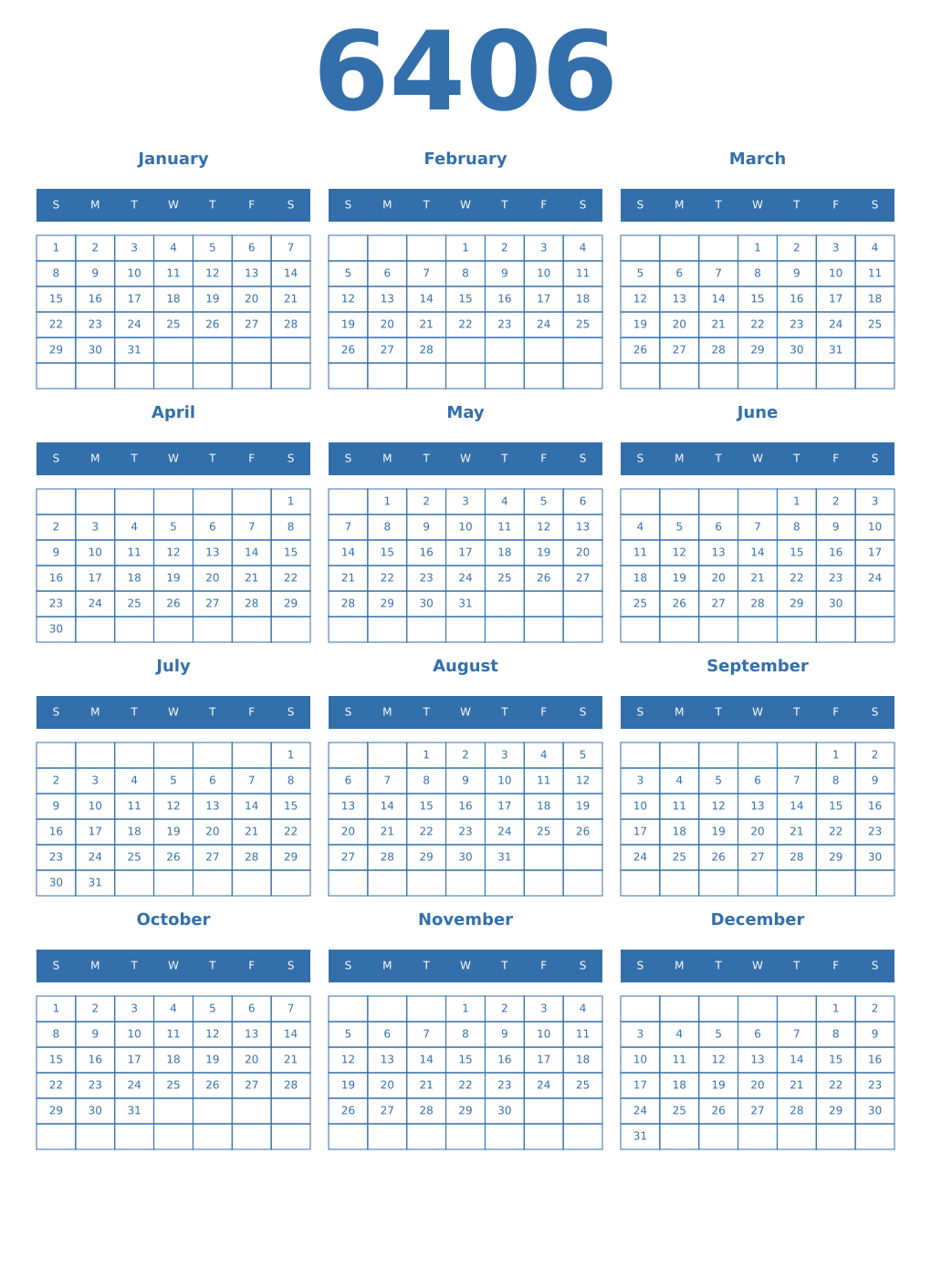 Printable 6406 Year Calendars blue