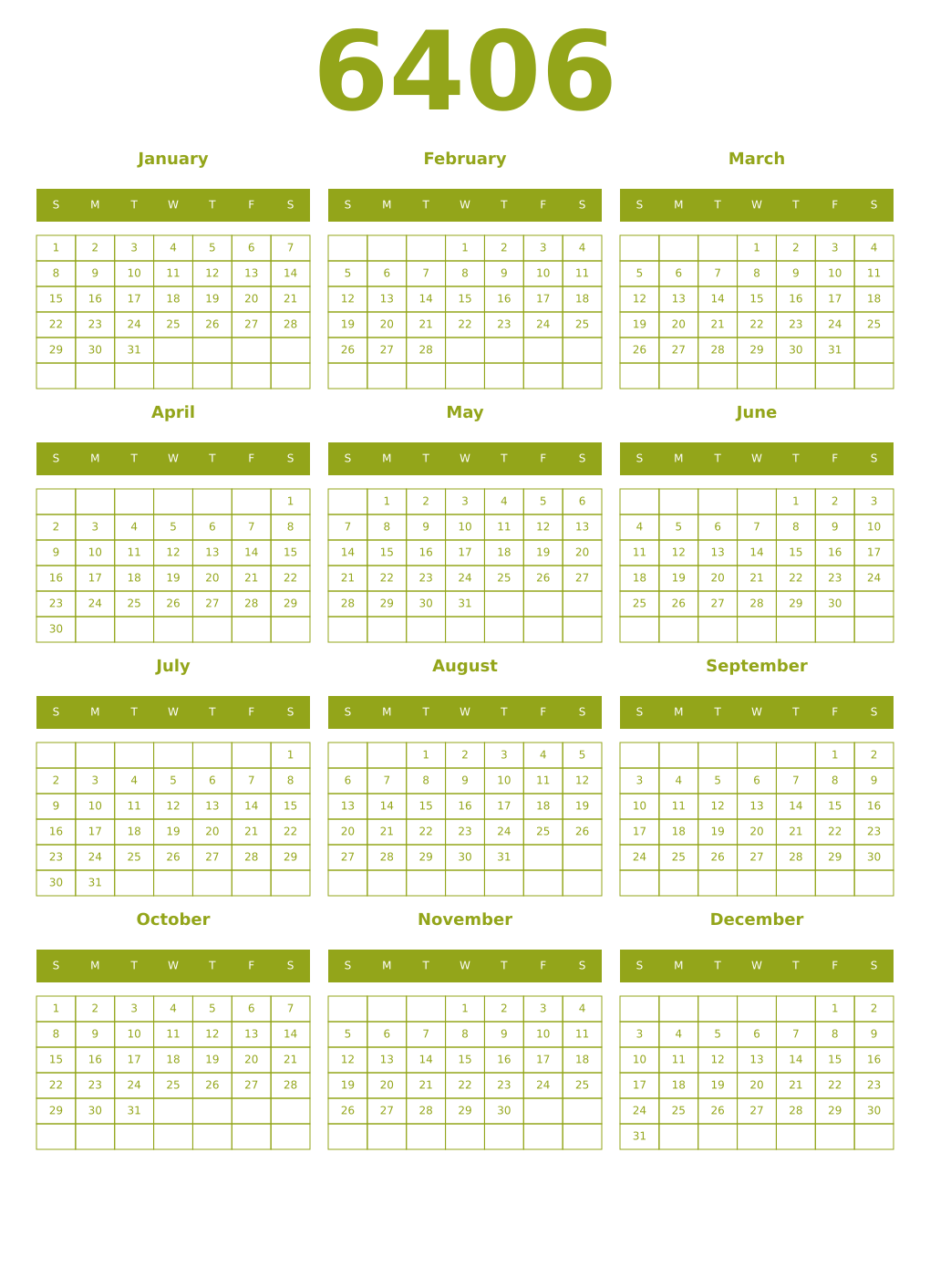 Printable 6406 Year Calendars chartreuse