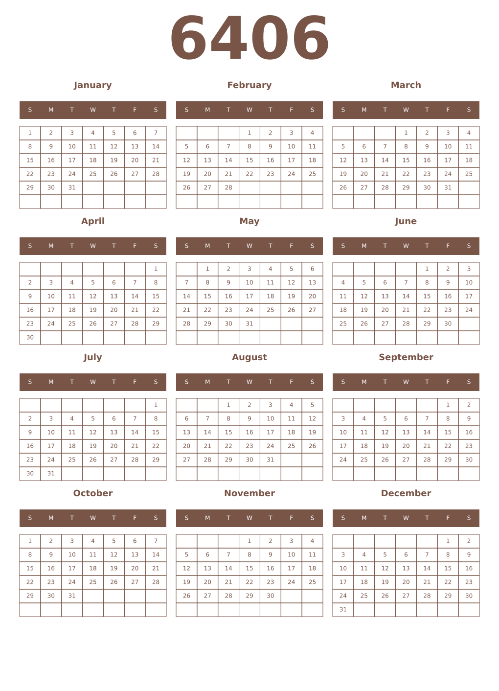Printable 6406 Year Calendars coffe