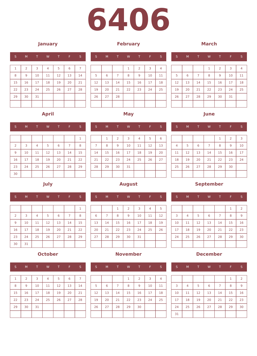 Printable 6406 Year Calendars cordovan